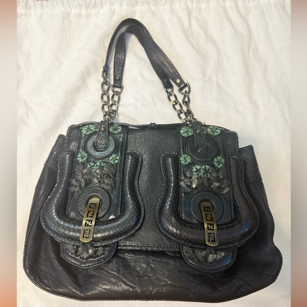 Authentic Fendi Black trim with green embroidery B bag medium size